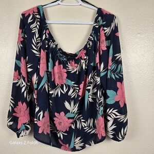 Forever 21+ Floral Off Shoulder Blouse Navy Pink Long Sleeve XL‎ Resort Cruise
